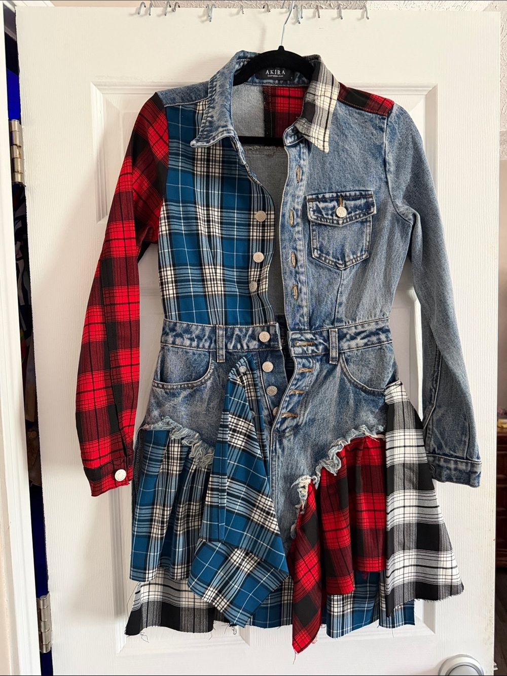AKIRA Mixed Plaid Patchwork Denim Jacket - Blue, Red, Black, White